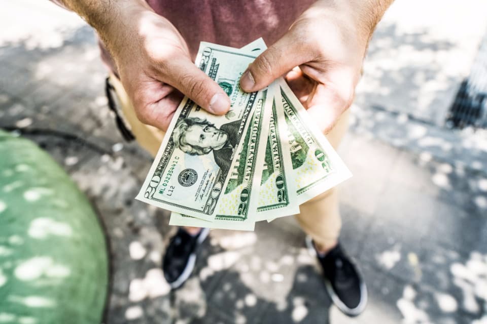A person's hands holding a fan of twenty-dollar bills